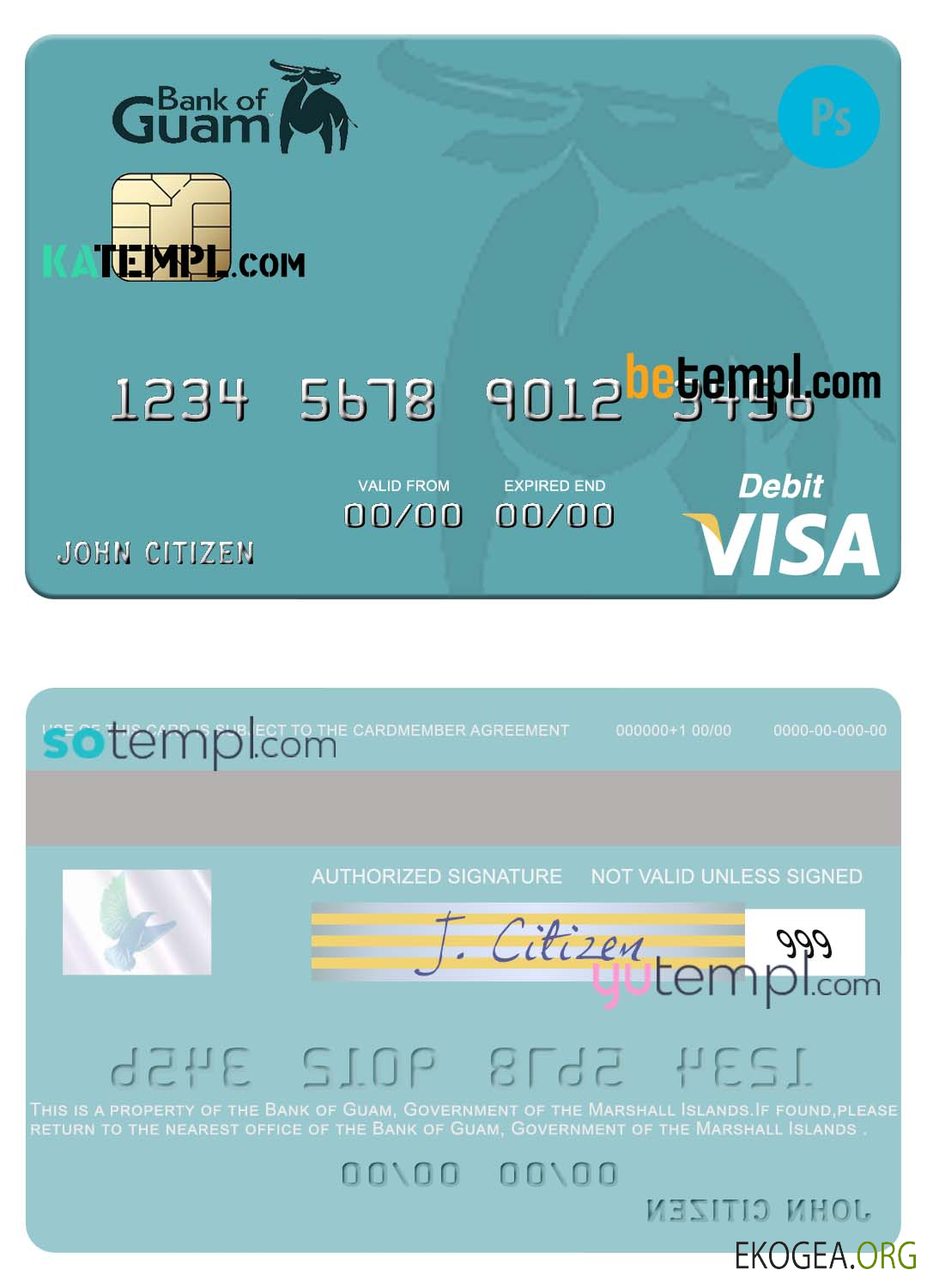 Modèle entièrement modifiable de carte de crédit visa de la Banque des Îles Marshall de Guam au format PSD